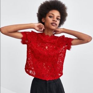 zara red lace embroidered top ❣️